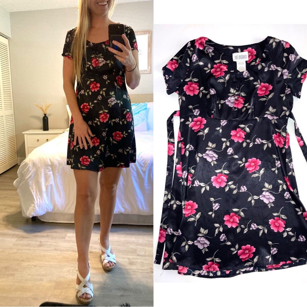 SALE❤️ Vintage Floral Black Dress Jodi Michaels Silky Feel Wedding Guest Dress